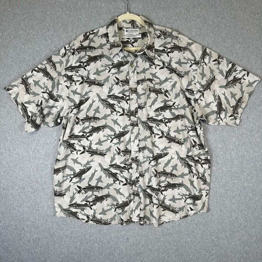 columbia hawaiian mens button down short sleeve fish print XL flax